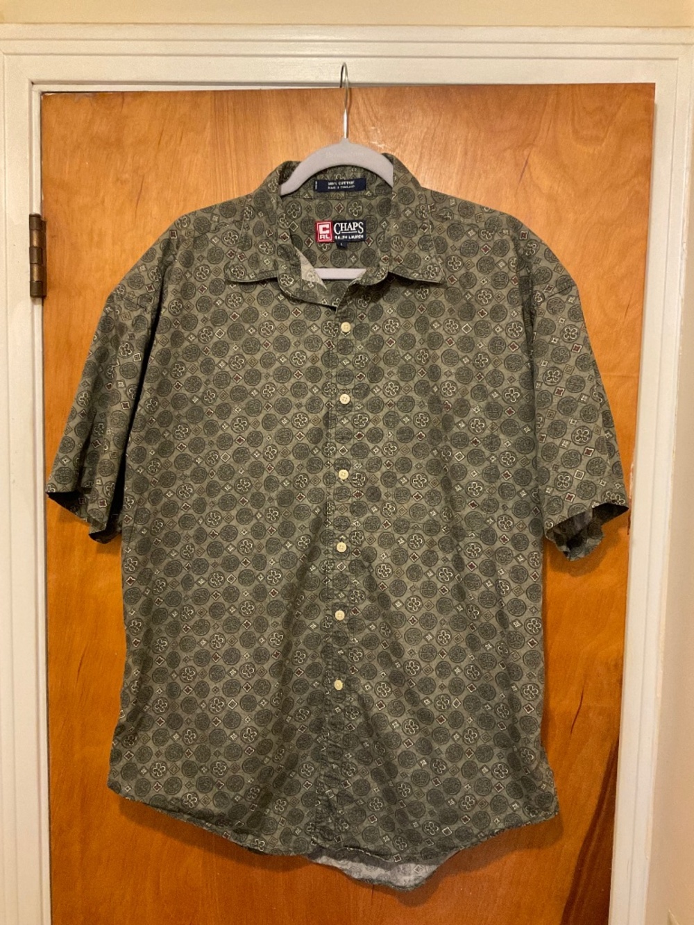 Chaps Ralph Lauren Men’s Shirt L Geometric Print Button Short Sleeve OliveGreen